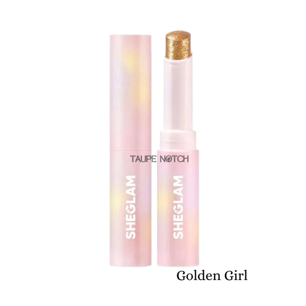 Crystal jelly glaze stick with gold glitter cap and pale pink translucent tube.