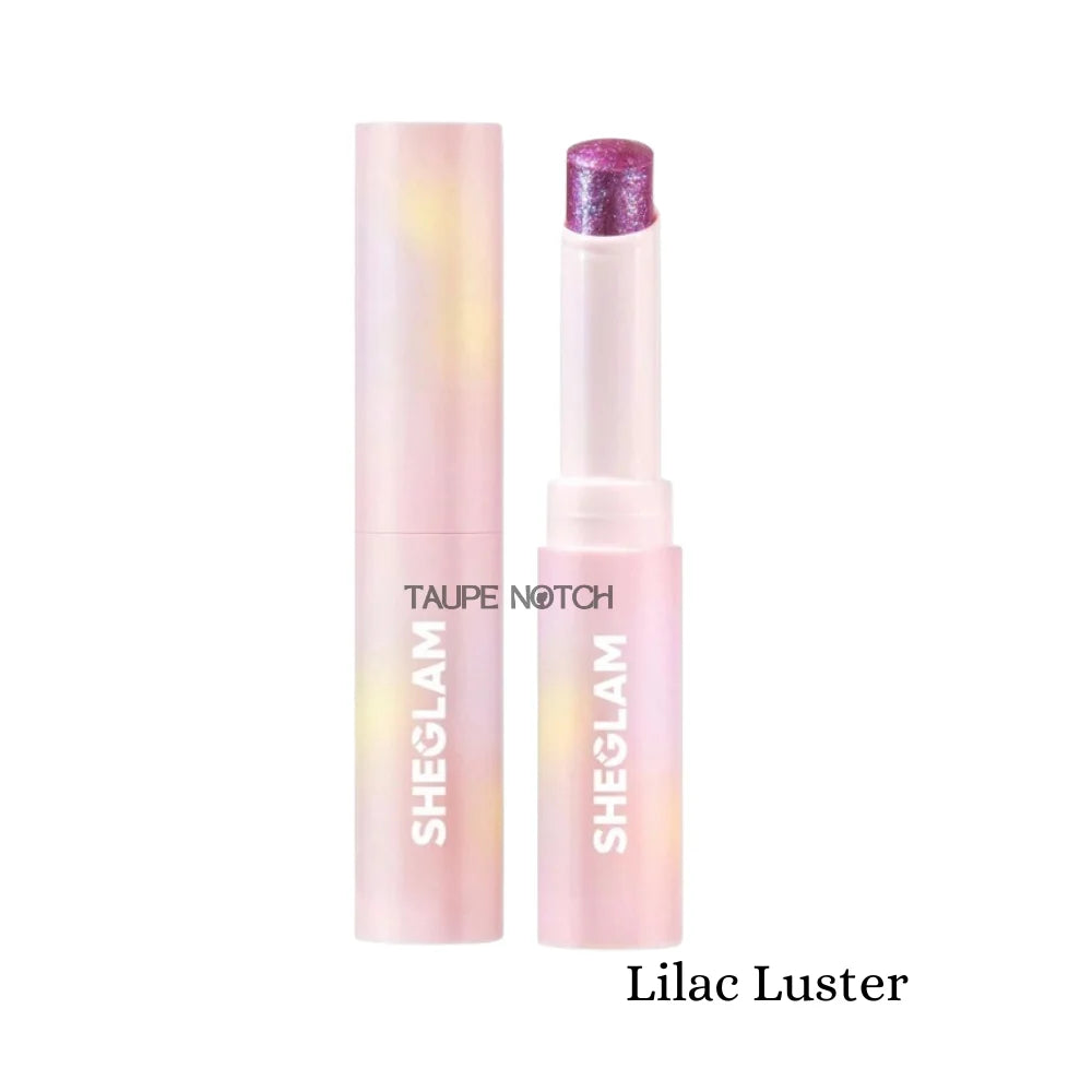 Crystal jelly glaze stick with lilac-purple glitter cap and pale pink tube.