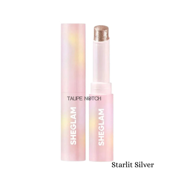 Crystal jelly glaze stick in starlit silver glitter with pale pink translucent tube.