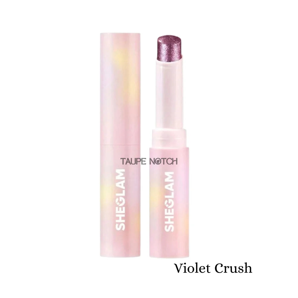 Crystal jelly glaze stick with violet-purple glitter cap and pale pink tube.