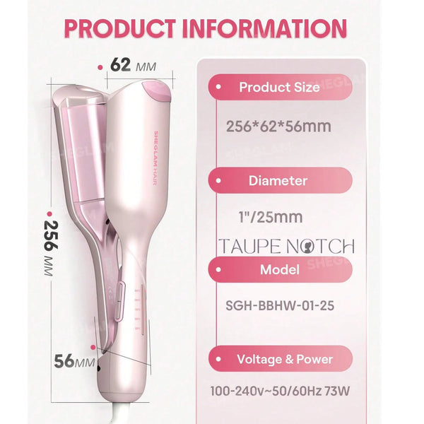 Rose-gold and pink 25mm hair waver with barrel size and voltage details