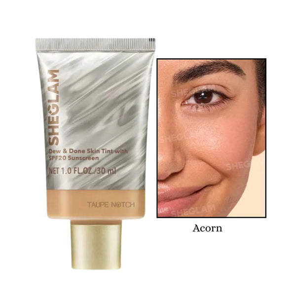 Sheglam Dew & Done skin tint SPF20, Acorn shade tube and skin swatch