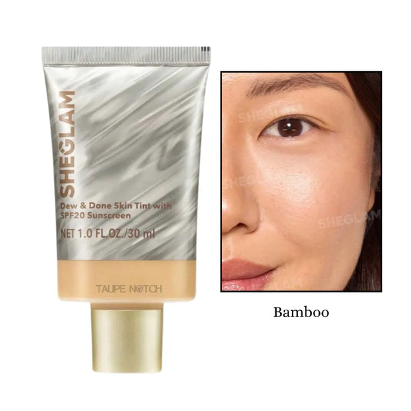 Dew & Done skin tint tube, silver with gold cap, shade Bamboo, SPF20