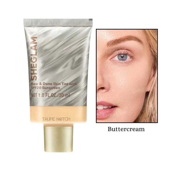 Sheglam Dew & Done skin tint SPF20, Buttercream shade tube and skin swatch