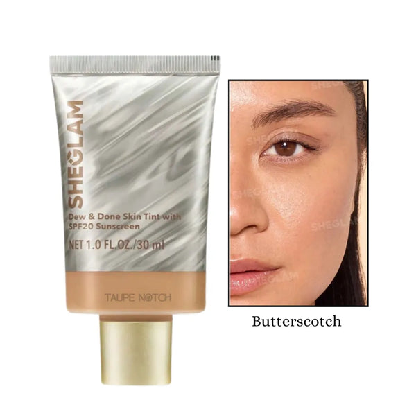 Sheglam Dew & Done skin tint SPF20, Butterscotch shade tube and skin swatch
