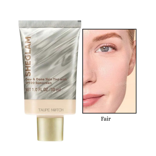 Sheglam Dew & Done skin tint SPF20, Fair shade tube and skin swatch