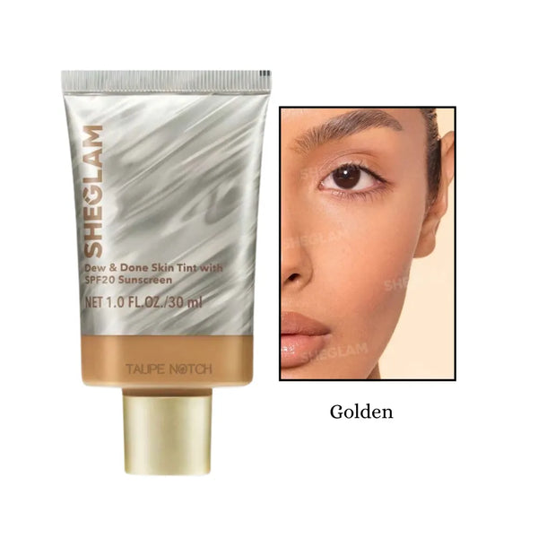 Sheglam Dew & Done skin tint SPF20, Golden shade tube and skin swatch