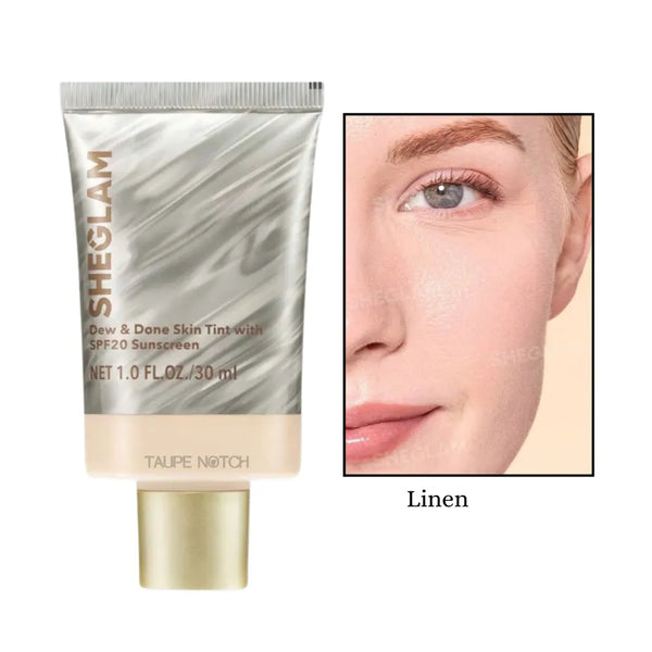 Sheglam Dew & Done skin tint SPF20, Linen shade tube and skin swatch