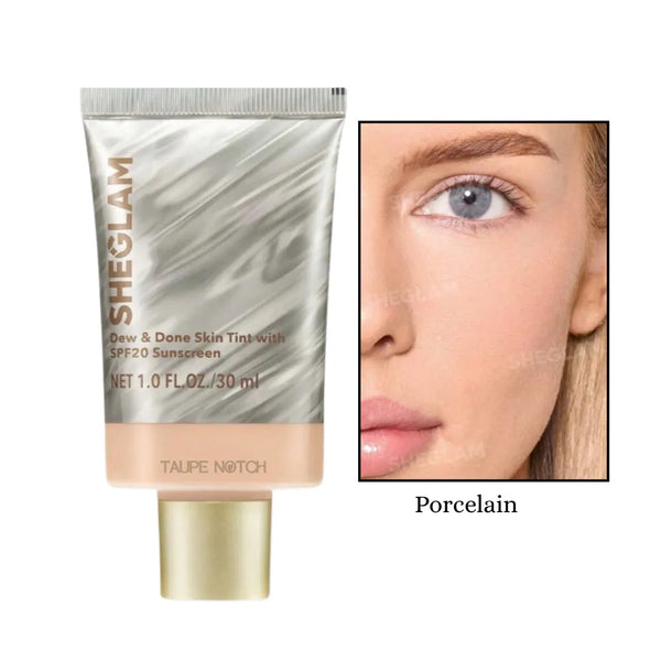 Sheglam Dew & Done skin tint SPF20, Porcelain shade tube and skin swatch