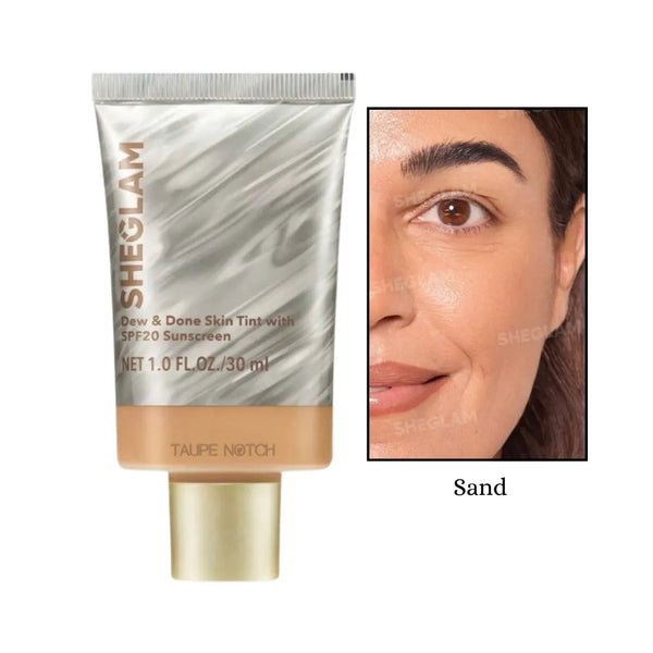 Sheglam Dew & Done skin tint SPF20, Sand shade tube and skin swatch