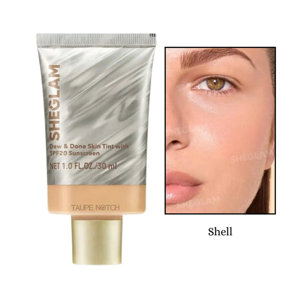 Sheglam Dew & Done skin tint SPF20, Shell shade tube and skin swatch