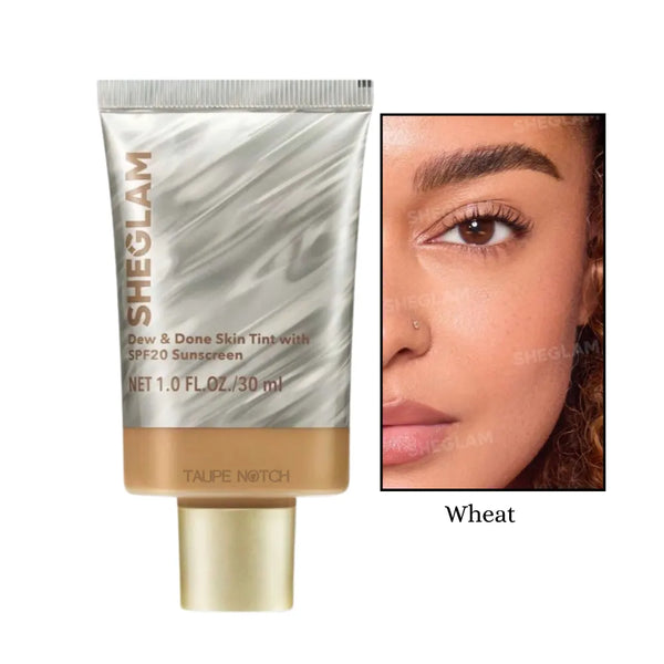Sheglam Dew & Done skin tint SPF20, Wheat shade tube and skin swatch