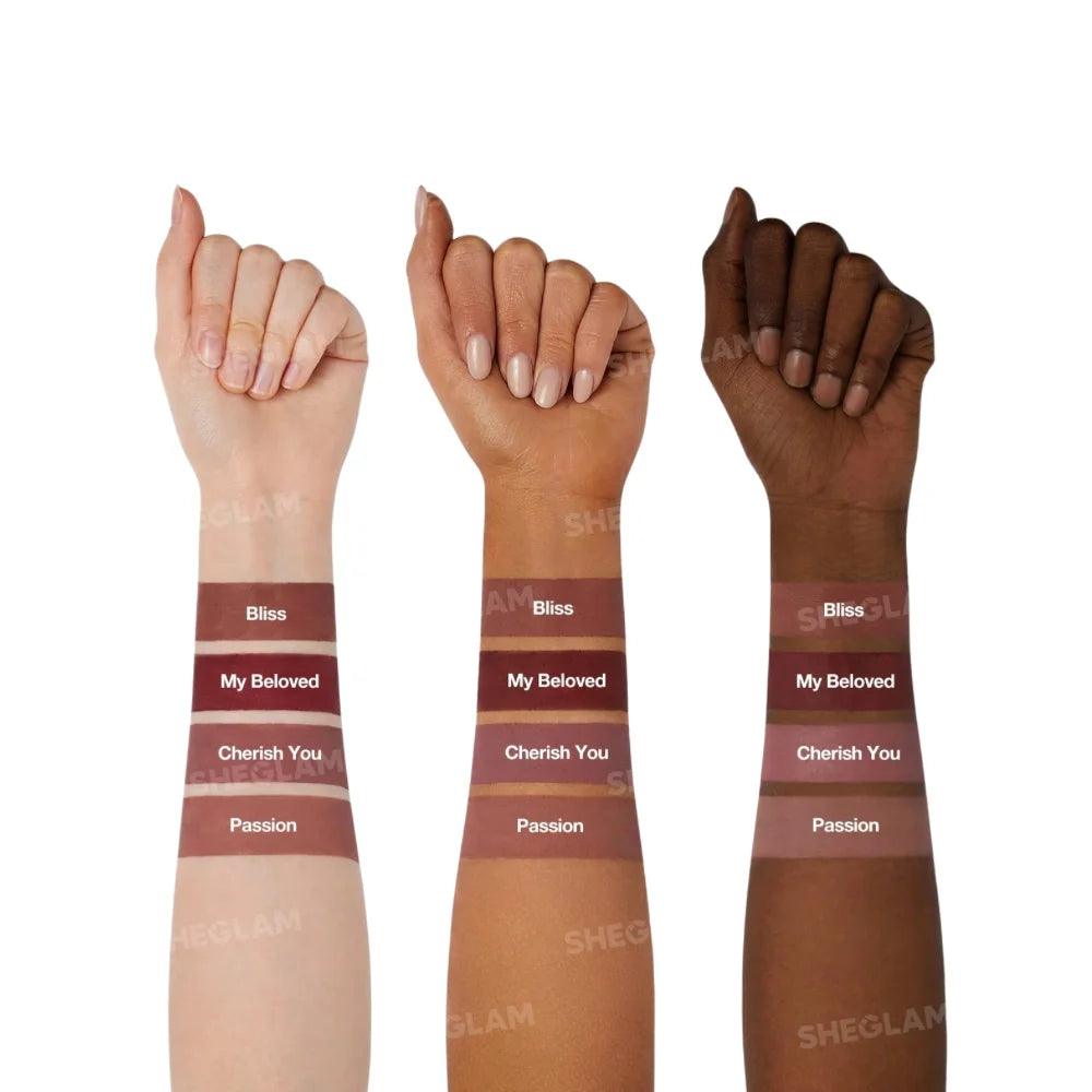 Matte lipstick shade swatches on arms: Bliss, My Beloved, Cherish You, Passion.