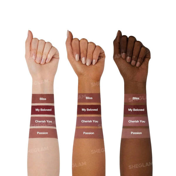 Matte lipstick shade swatches on arms: Bliss, My Beloved, Cherish You, Passion.