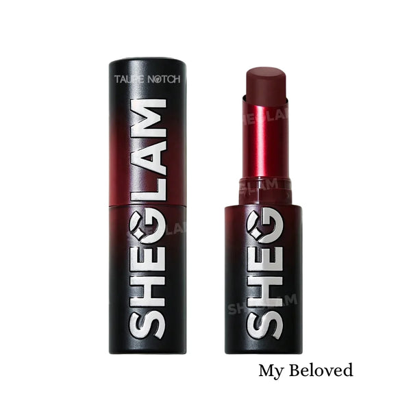 Matte lipstick set, burgundy shade in black tube with open cap (My Beloved).