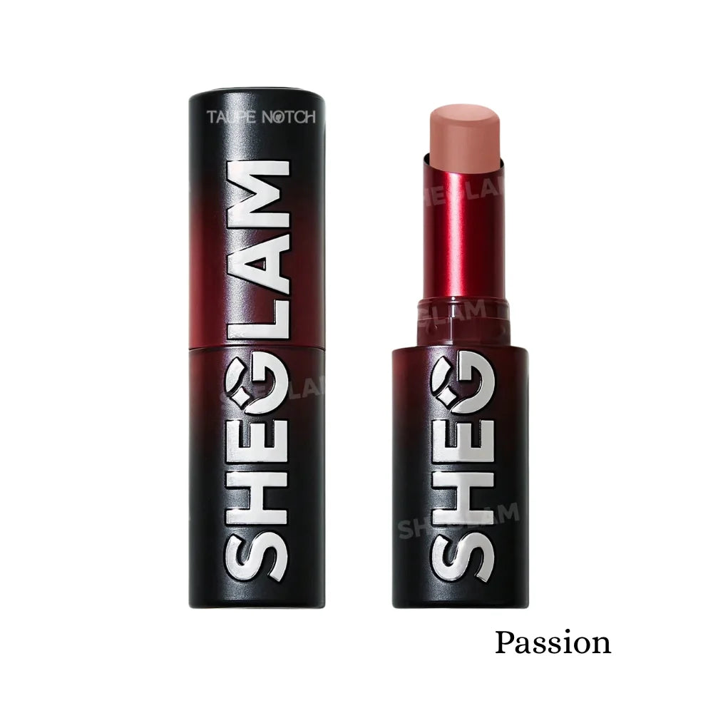 Matte lipstick set, rose-nude shade in black tube with open cap (Passion).