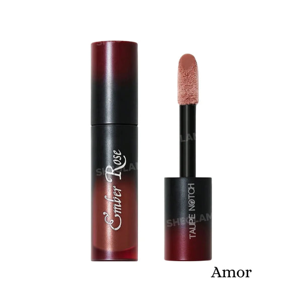 Nourishing lip gloss tube in rose-brown metallic with doe-foot applicator