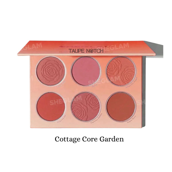 Floral blush palette with six warm coral and rose pans, labeled Cottage Core Garden