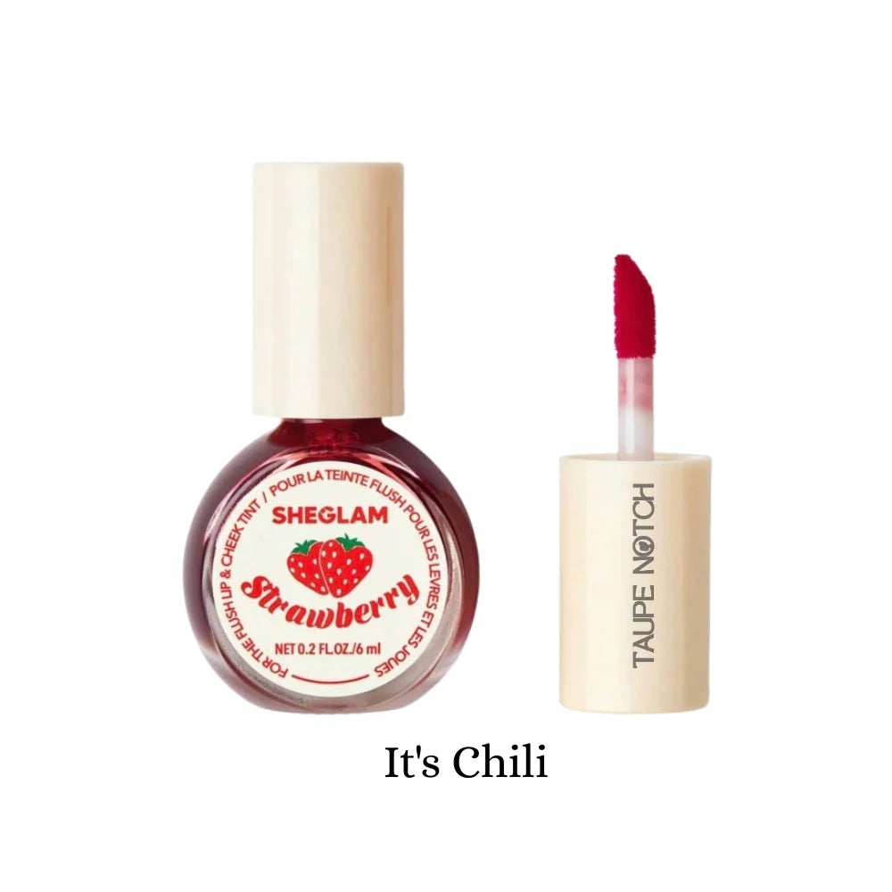 Lip & cheek tint bottle with applicator, It’s Chili shade