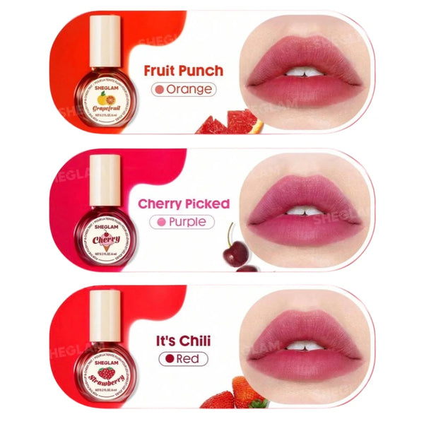 Lip tint shades swatched on lips with three tint bottles