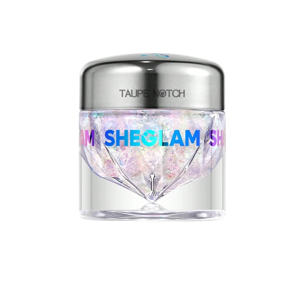 Iridescent multichrome flake gel in clear jar with silver cap, pearl-toned shimmer