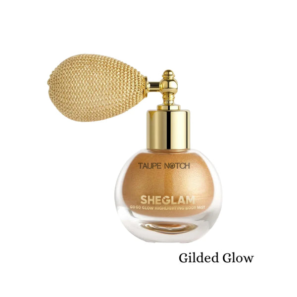 Highlighting body mist: Gilded Glow, gold bottle with gold pump and foam sprayer