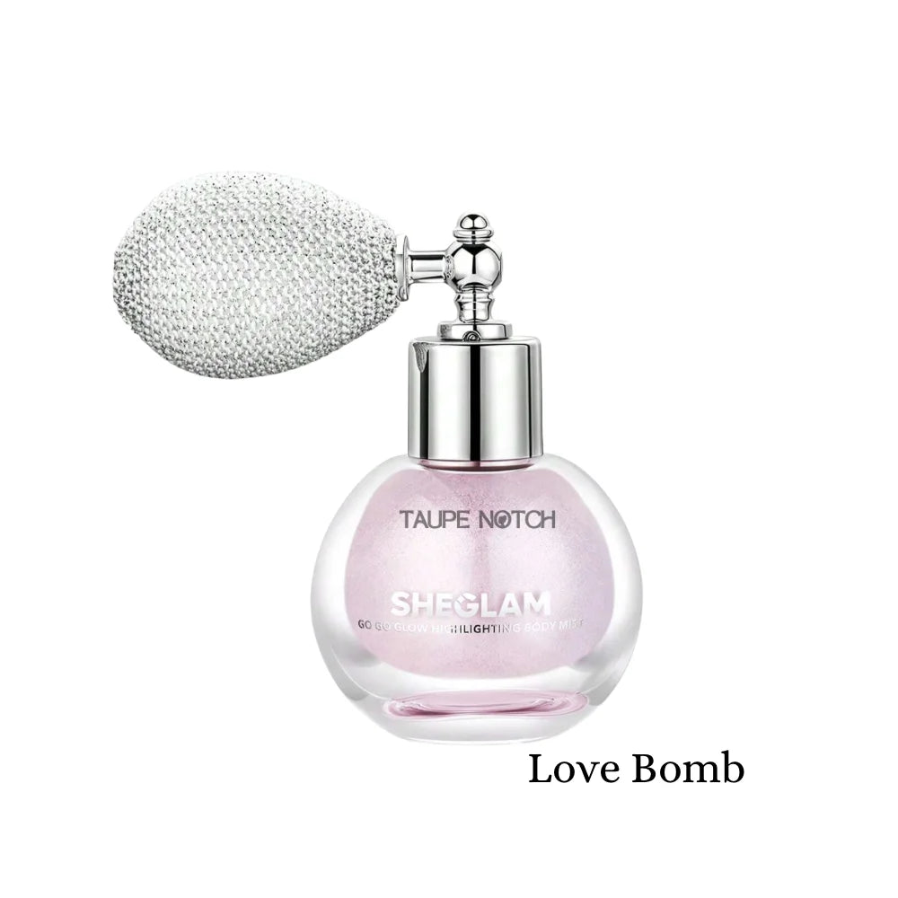 Highlighting body mist: Love Bomb, pink bottle with silver pump and foam sprayer