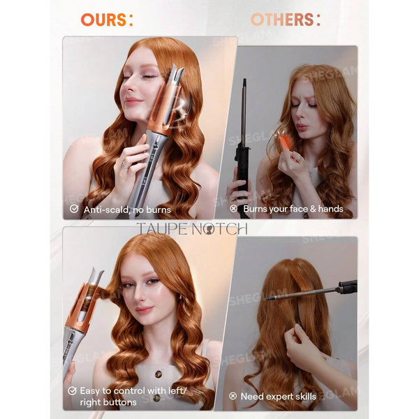 Instant hair curler with anti-scald tip and left-right buttons, shown in use