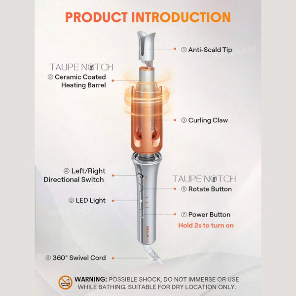 Instant hair curler with anti-scald tip, ceramic coated barrel, and LED light
