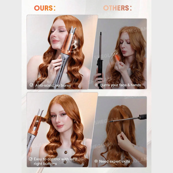 Instant hair curler with anti-scald tip and easy controls, shown styling hair