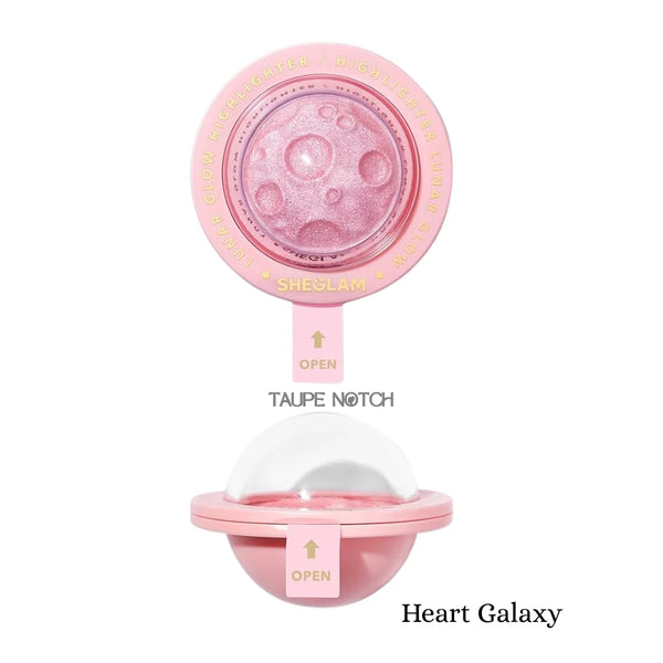 Sheglam Lunar Glow highlighter in Heart Galaxy, open compact with pink shimmer pan