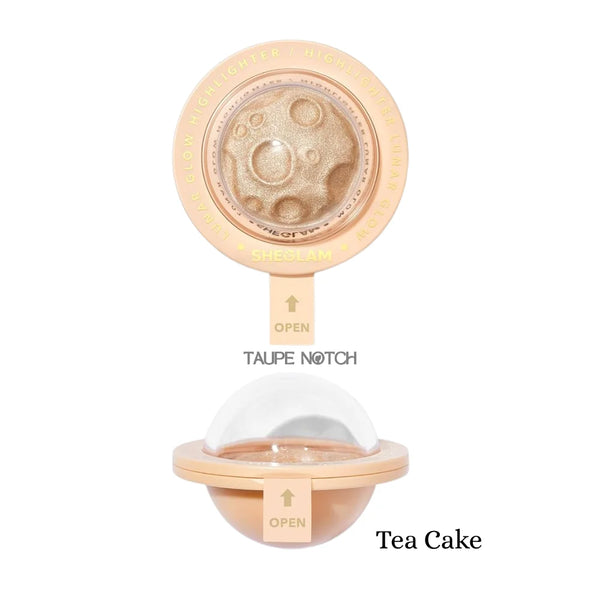 Sheglam Lunar Glow highlighter in Tea Cake, open compact with gold shimmer pan