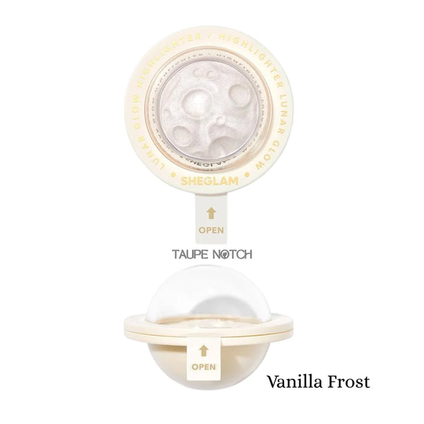 Sheglam Lunar Glow highlighter in Vanilla Frost, open compact with white shimmer pan