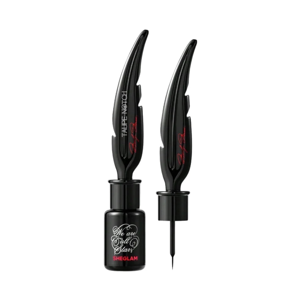 Liquid eyeliner with two black applicators and slim pointed tips in black bottle