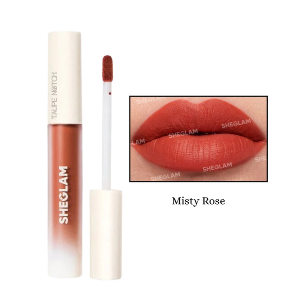 Matte liquid lipstick in coral rose tube with doe-foot applicator and lip swatch