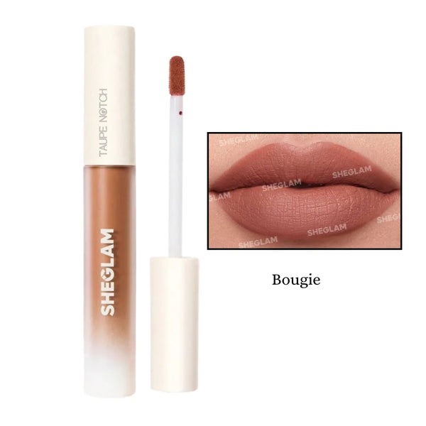 Matte liquid lipstick in muted mauve-brown shade with doe-foot applicator tip