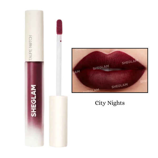 Matte liquid lipstick in dark burgundy rose shade with doe-foot applicator tip