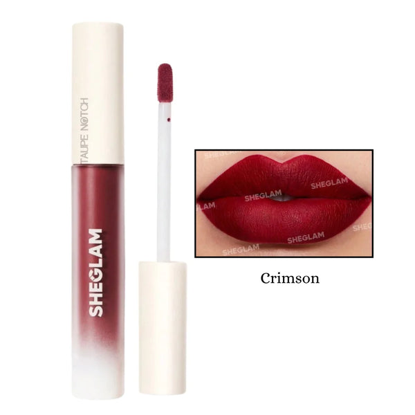 Matte liquid lipstick in deep red tube with doe-foot applicator and lip swatch