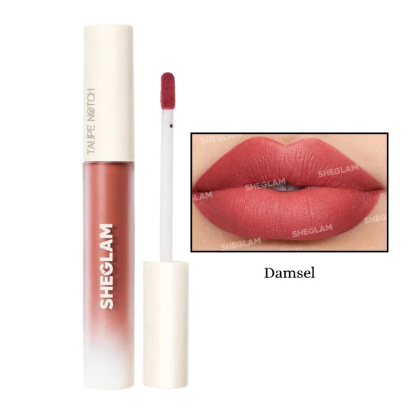 Matte liquid lipstick in rosy red shade with doe-foot applicator tip