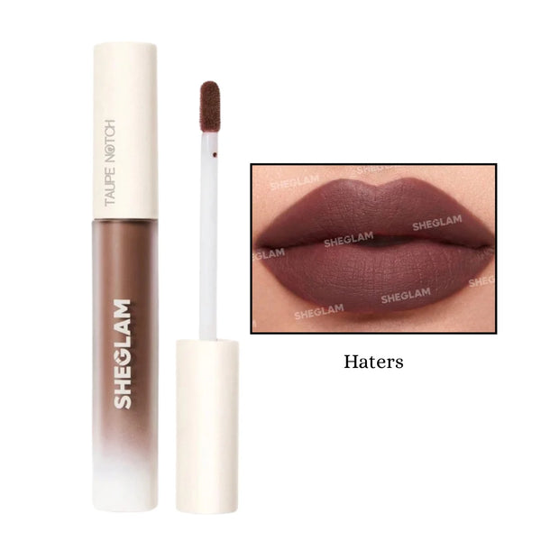 Matte liquid lipstick in deep mauve-brown tube with doe-foot applicator and lip swatch