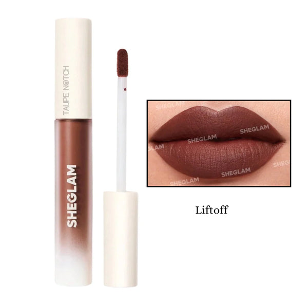 Matte liquid lipstick in dark brown tube with doe-foot applicator and lip swatch