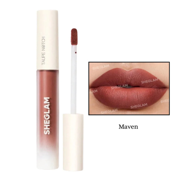 Matte liquid lipstick in warm mauve-brown shade with doe-foot applicator tip