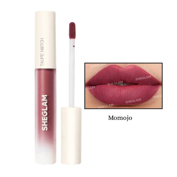 Matte liquid lipstick in berry plum tube with doe-foot applicator and lip swatch