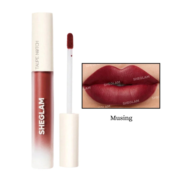 Matte liquid lipstick in deep maroon shade with doe-foot applicator tip