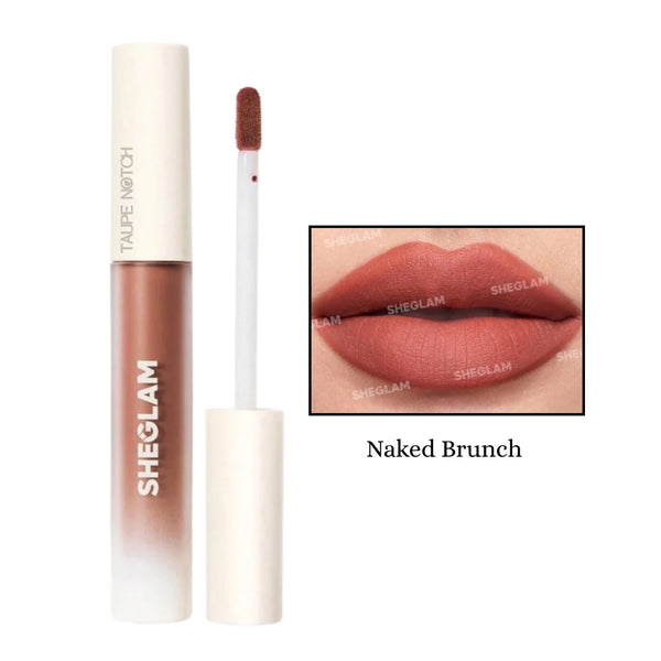 Matte liquid lipstick in nude rose-brown tube with doe-foot applicator and lip swatch