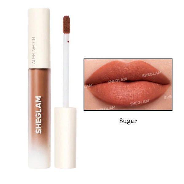 Matte liquid lipstick in warm caramel nude shade with doe-foot applicator tip