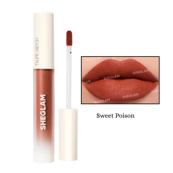 Matte liquid lipstick in warm rust-brown tube with doe-foot applicator and lip swatch