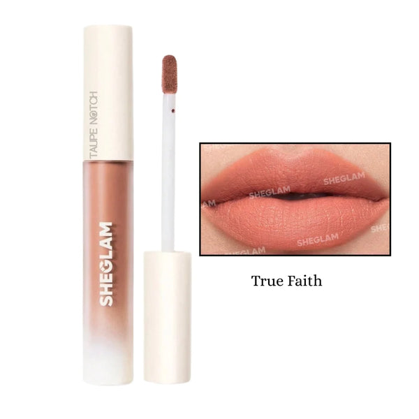 Matte liquid lipstick in peachy nude tube with doe-foot applicator and lip swatch