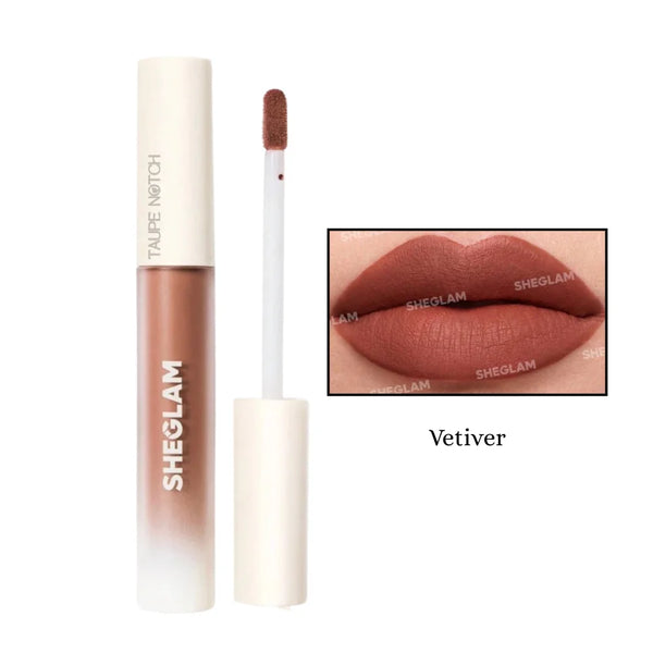 Matte liquid lipstick in taupe nude shade with doe-foot applicator tip
