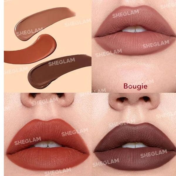 Matte liquid lipstick swatches on lips: warm nude brown, shade Bougie